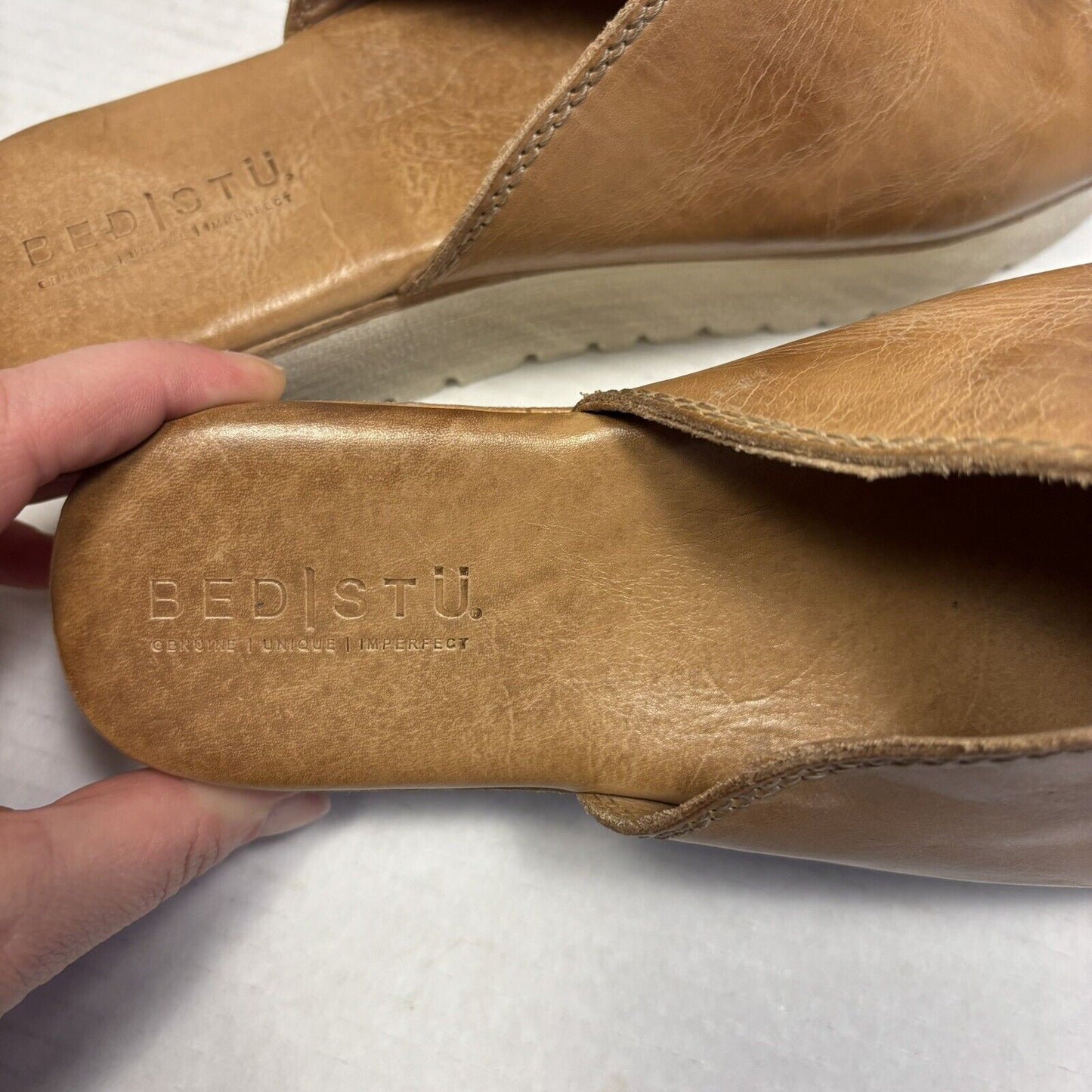 Bed|Stu Fairlee II Flatform Leather Slide Sandals Size 10 Platform Tan Rustic