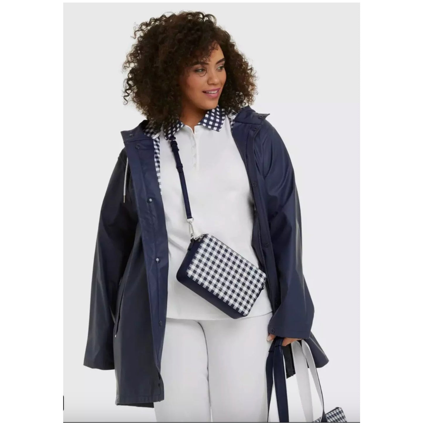 DRAPER JAMES Rain Jacket Nassau Navy Blue Gingham Check White Medium