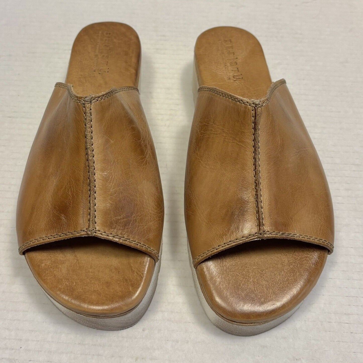 Bed|Stu Fairlee II Flatform Leather Slide Sandals Size 10 Platform Tan Rustic