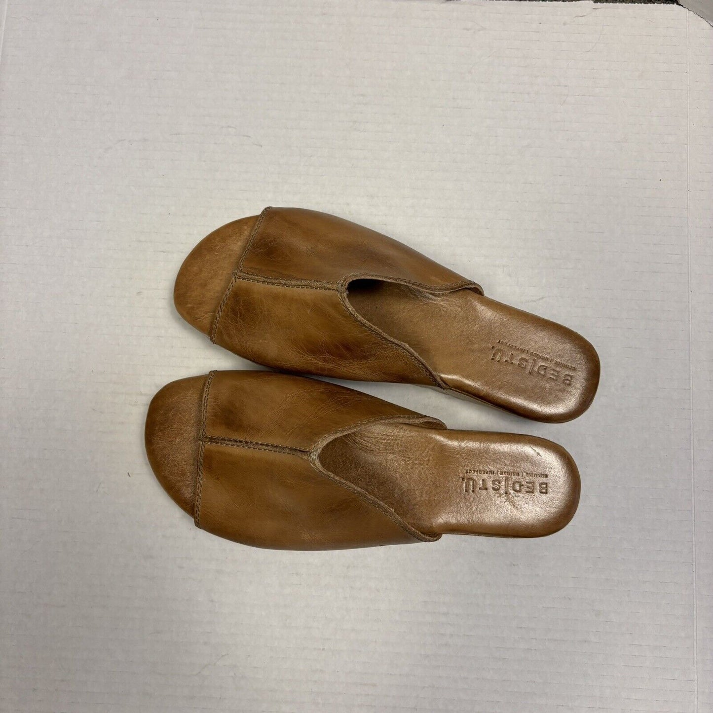 Bed|Stu Fairlee II Flatform Leather Slide Sandals Size 10 Platform Tan Rustic