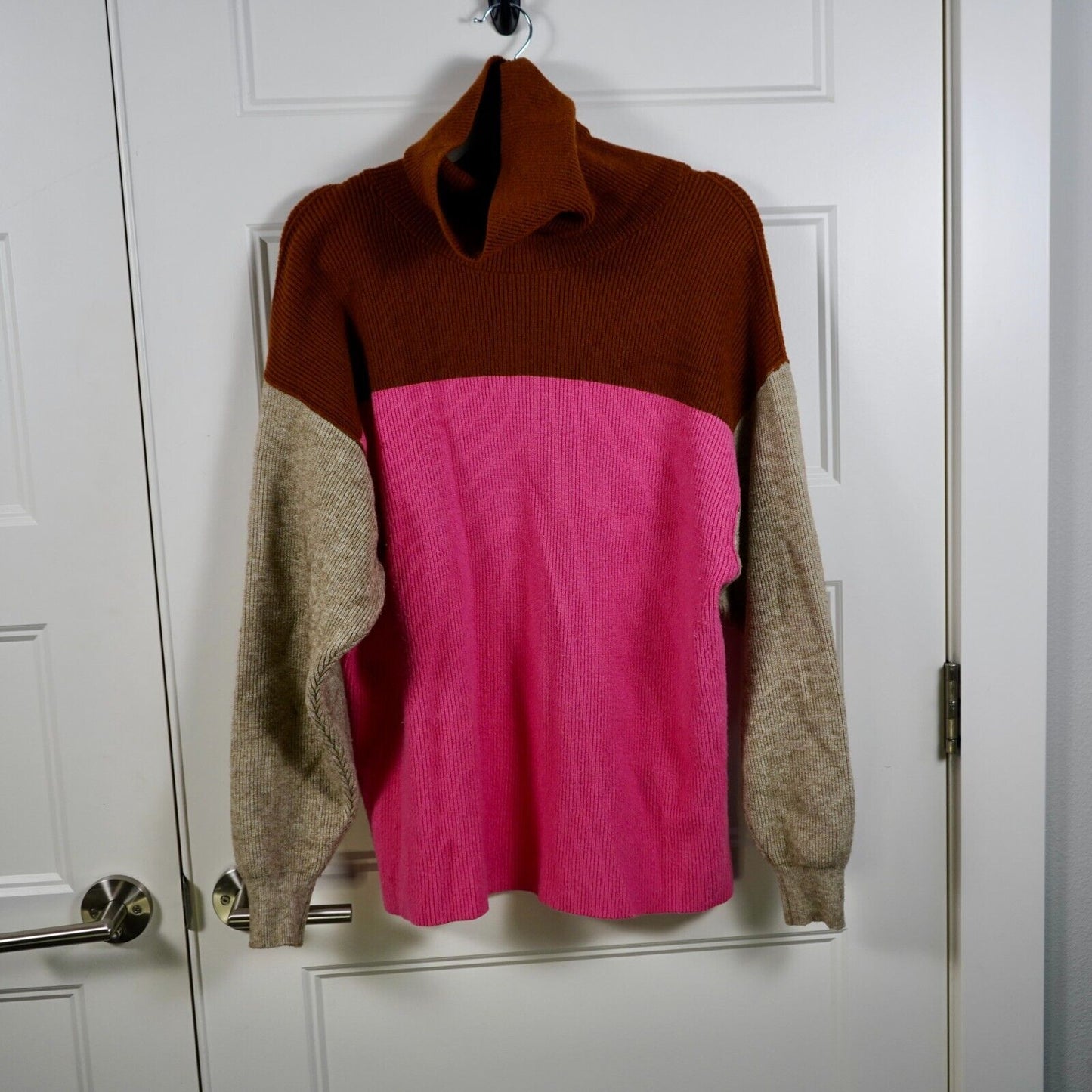 Free People Sweater Womens S Pink Brown Color Block Softly Structured Turtleneck