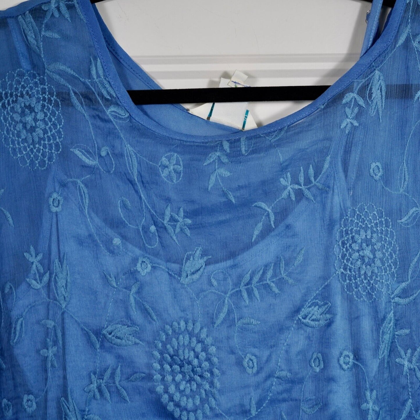 SUNDANCE Blue Embroidered Silk Short Sleeve Top with Sheer Overlay, Size XS