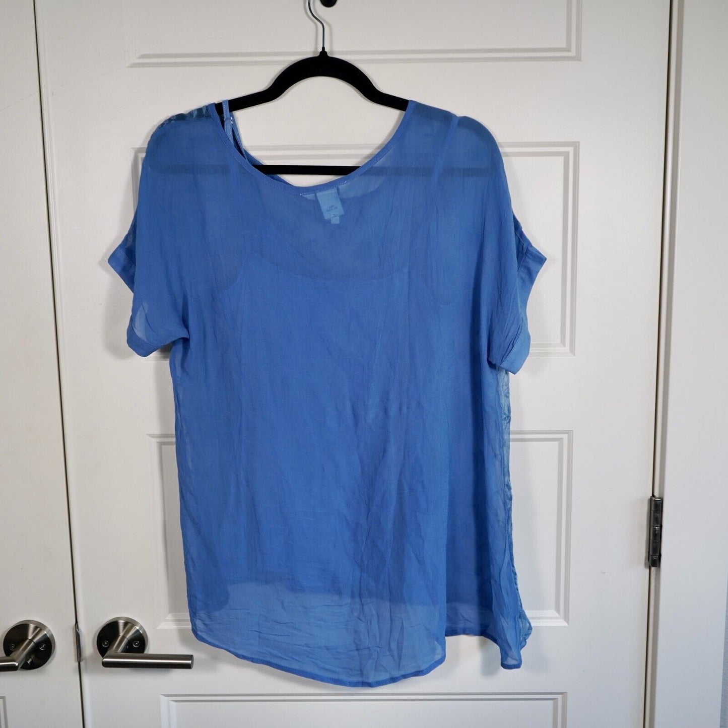 SUNDANCE Blue Embroidered Silk Short Sleeve Top with Sheer Overlay, Size XS