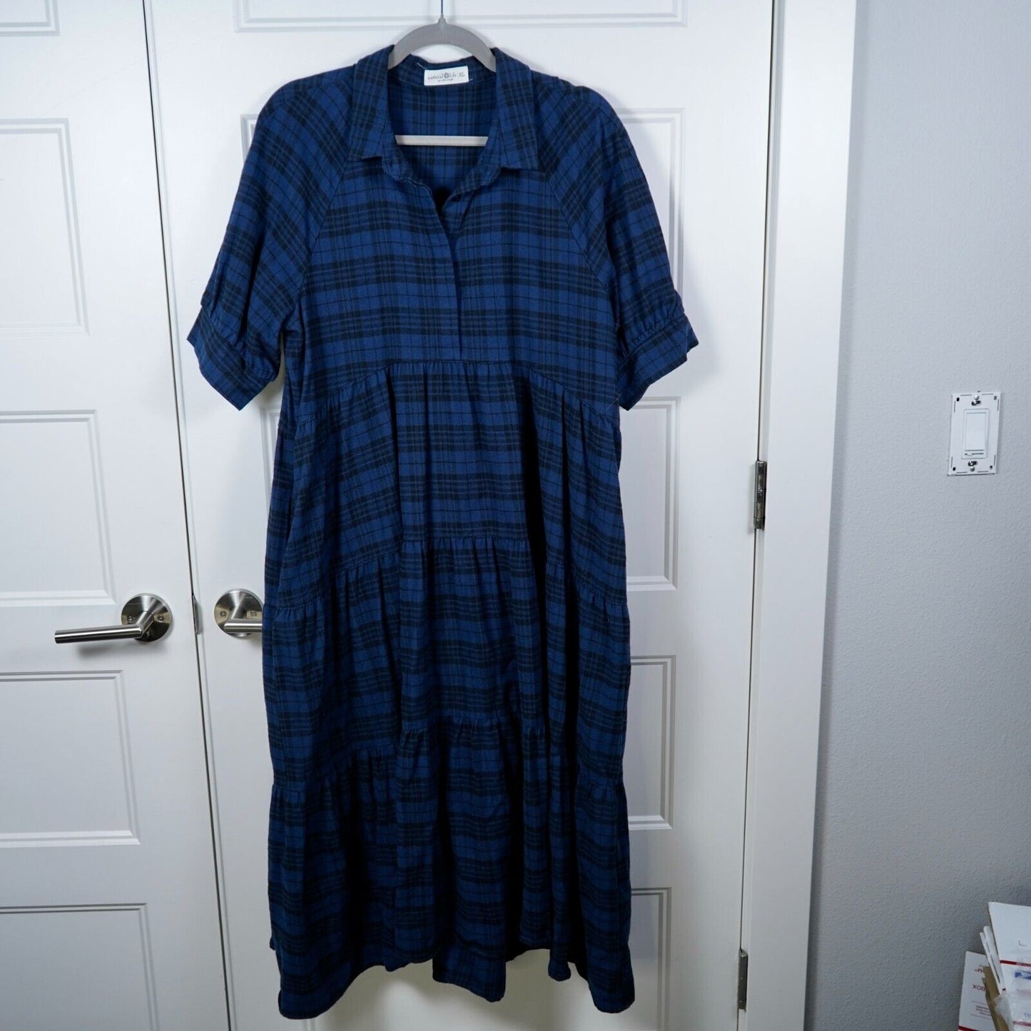 Natural Life Flannel Rebecca Dress Blue & Black Plaid Size X Large Cotton Blend