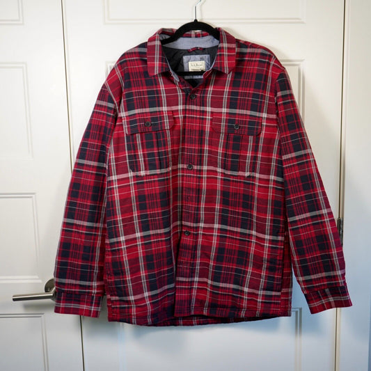 LL Bean Quilted Lined Shirt Jacket Men's Large Red Plaid Slightly Fitted