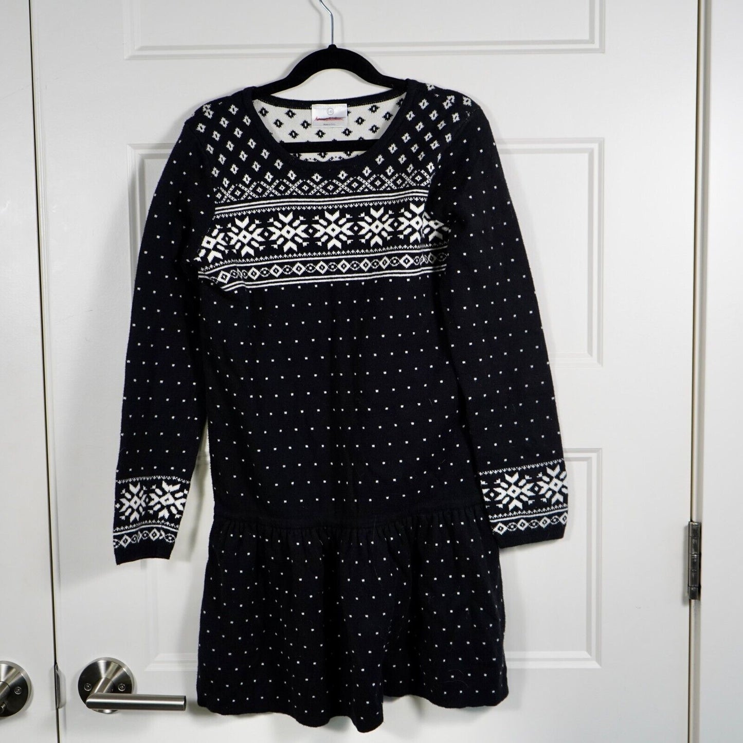 Hanna Andersson Girls Sz 140 US 10 Black White Fair Isle Sweater Dress