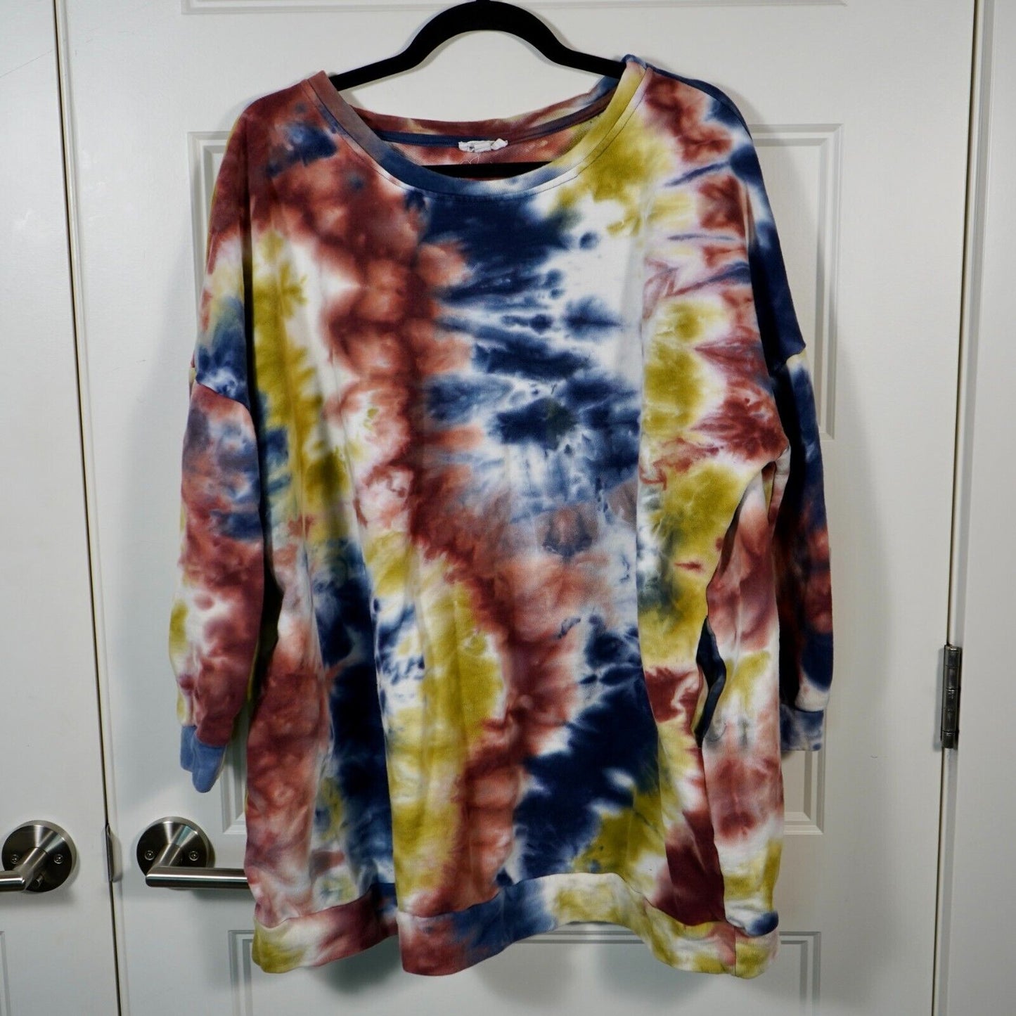 Oversized Tie-Dye Boho Pullover Slouchy Blue, Mustard, and Copper Sweatshirt