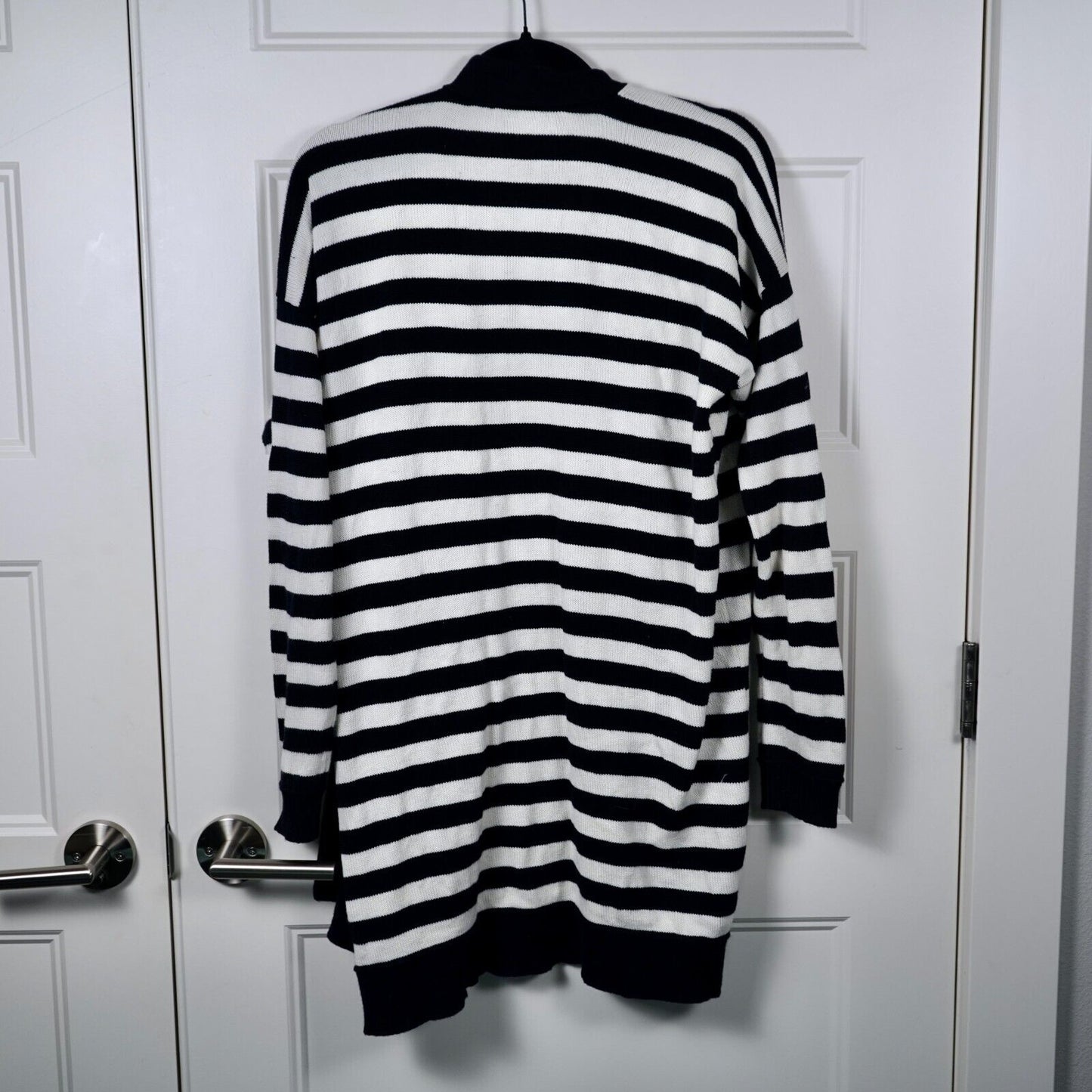 Lauren Ralph Lauren Women's Black White Striped Heavyweight Knit Open Cardigan M