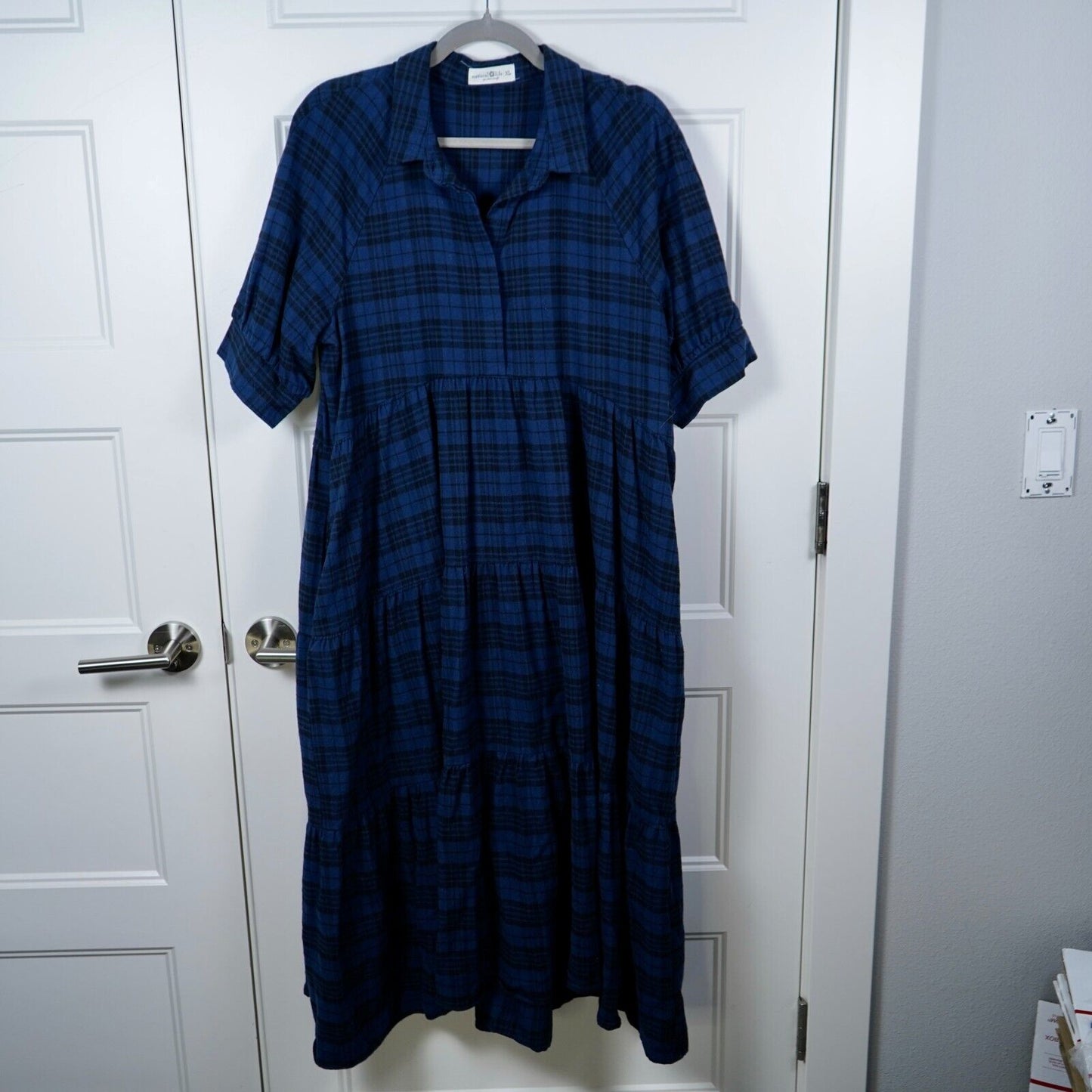 Natural Life Flannel Rebecca Dress Blue & Black Plaid Size X Large Cotton Blend