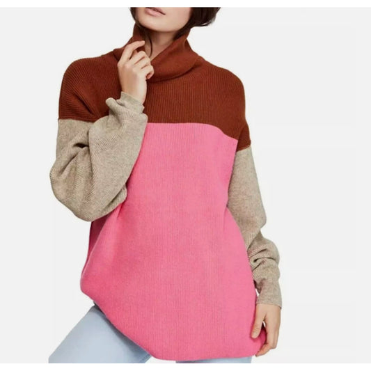 Free People Sweater Womens S Pink Brown Color Block Softly Structured Turtleneck