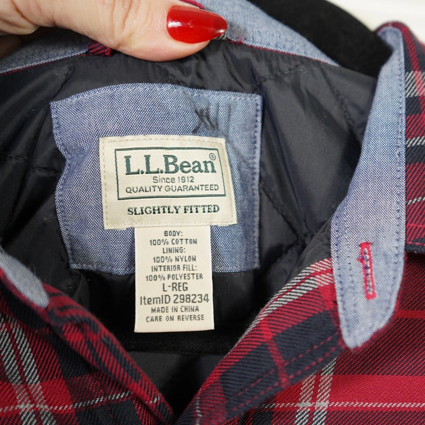 LL Bean Quilted Lined Shirt Jacket Men's Large Red Plaid Slightly Fitted