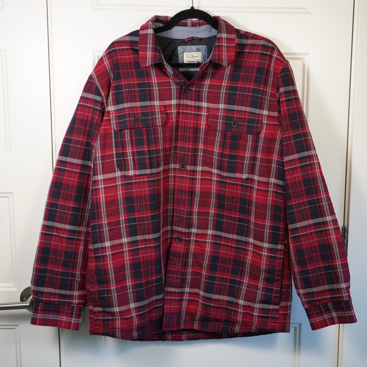 LL Bean Quilted Lined Shirt Jacket Men's Large Red Plaid Slightly Fitted