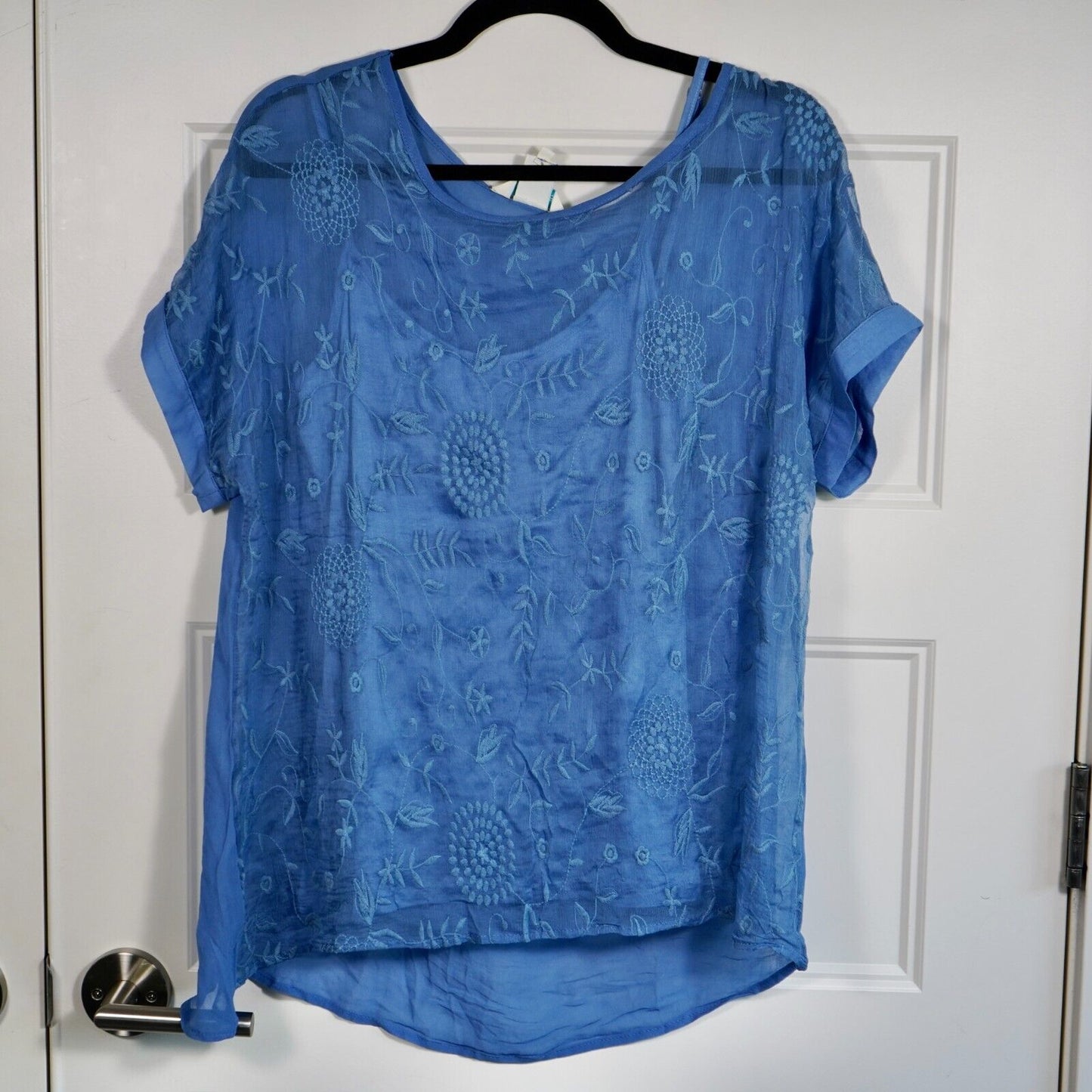 SUNDANCE Blue Embroidered Silk Short Sleeve Top with Sheer Overlay, Size XS