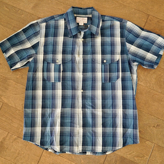 FILSON L WASHED SHORT SLEEVE FEATHER CLOTH SHIRT SERVICE BLUE/WHITE PLAID CHECK