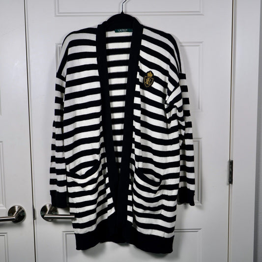 Lauren Ralph Lauren Women's Black White Striped Heavyweight Knit Open Cardigan M