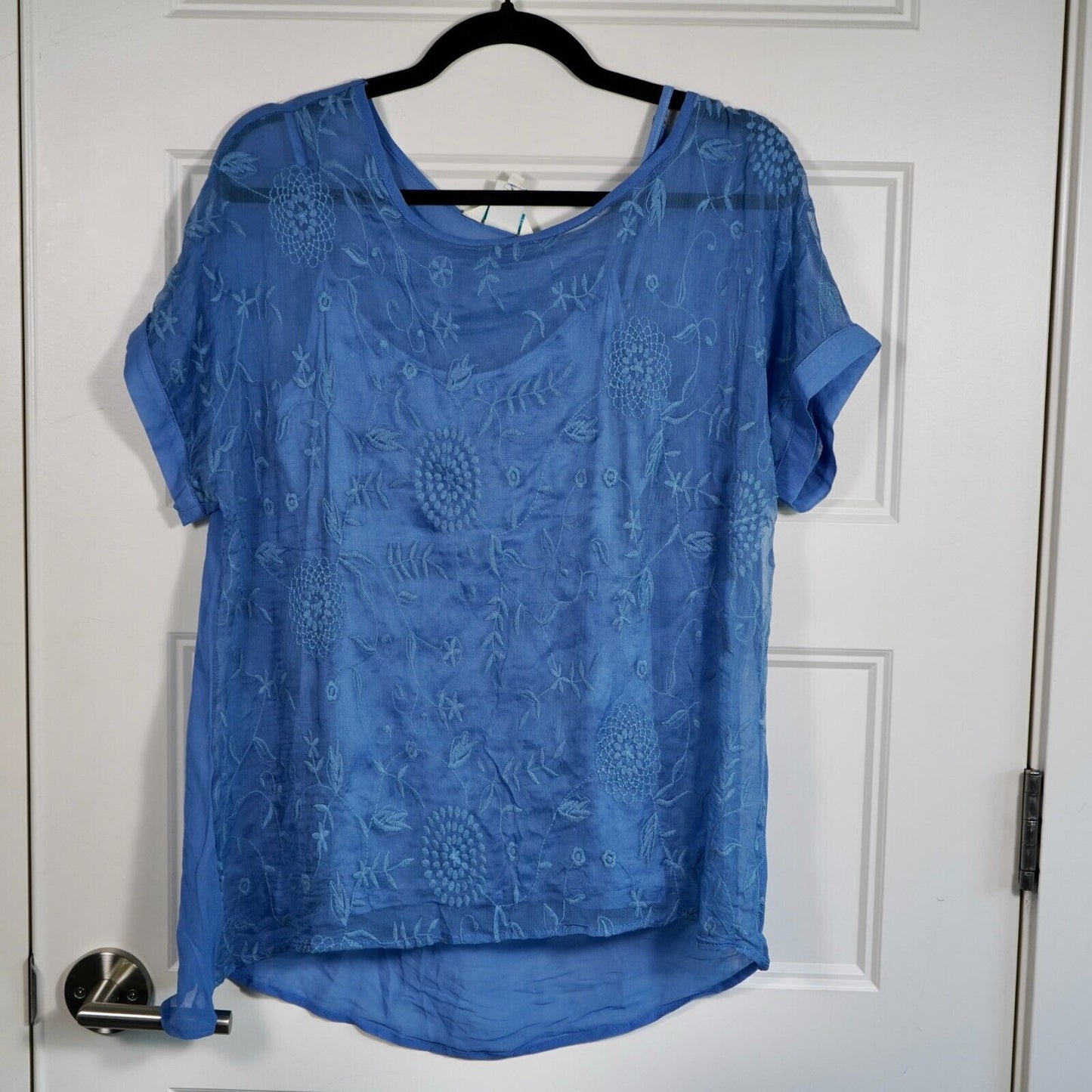 SUNDANCE Blue Embroidered Silk Short Sleeve Top with Sheer Overlay, Size XS