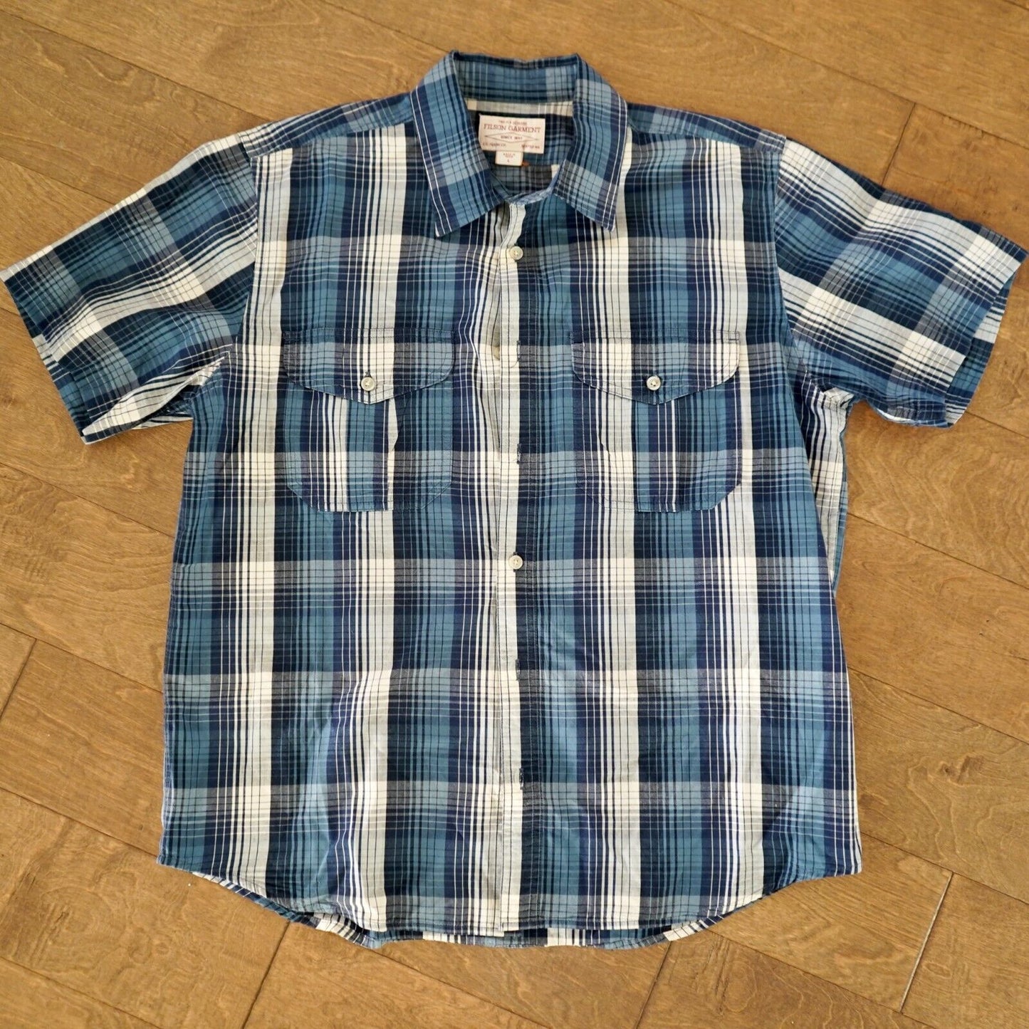 FILSON L WASHED SHORT SLEEVE FEATHER CLOTH SHIRT SERVICE BLUE/WHITE PLAID CHECK