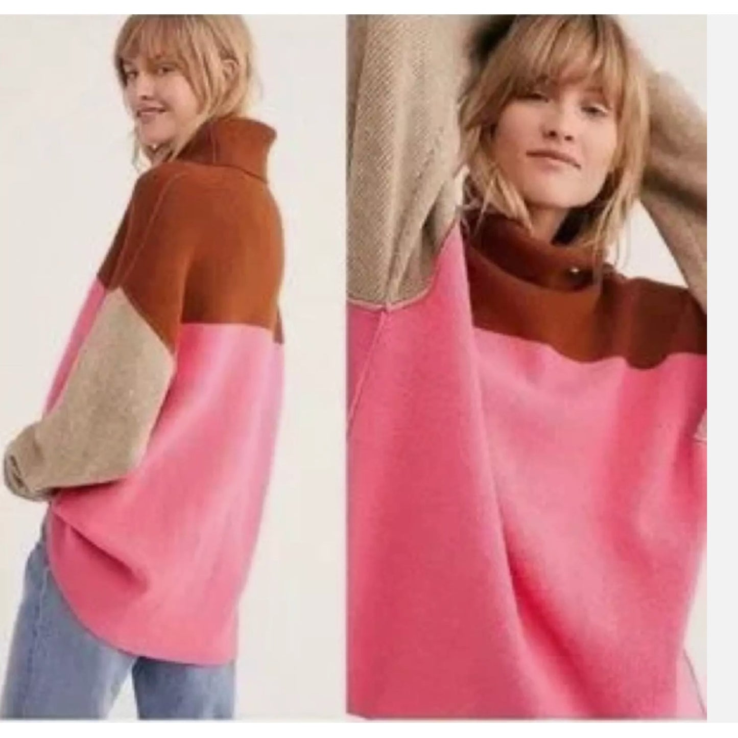 Free People Sweater Womens S Pink Brown Color Block Softly Structured Turtleneck