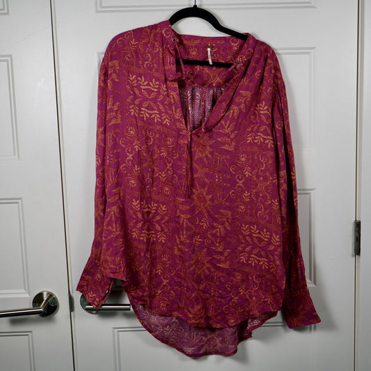 NWT Free People Mia Top S Shirt Tunic Printed Oversized Boho Pink Tie Up V-Neck